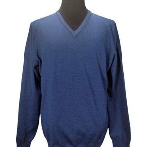 Saks Fifth Ave 100% Merino Wool Made in Italy Luxury V-Neck Sweater Blue